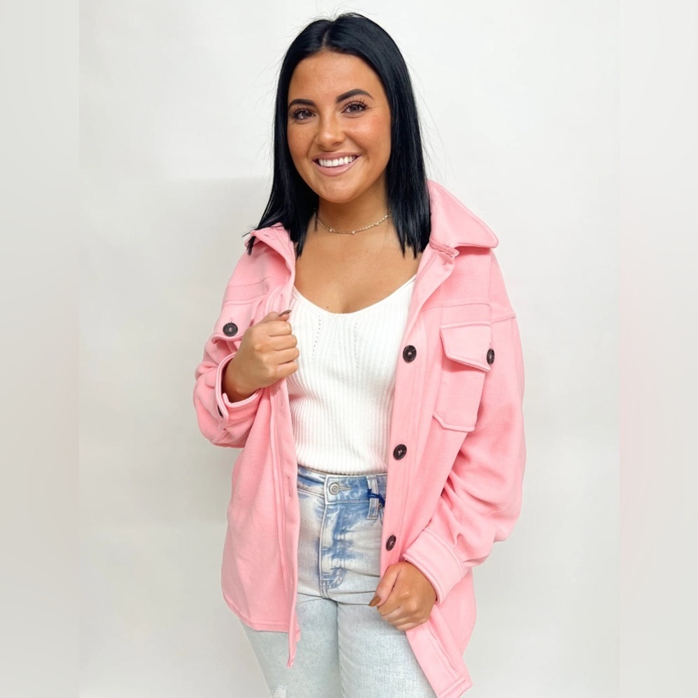 Zenana All About the Fleece Lightweight Button-Down Shacket in dusty pink medium